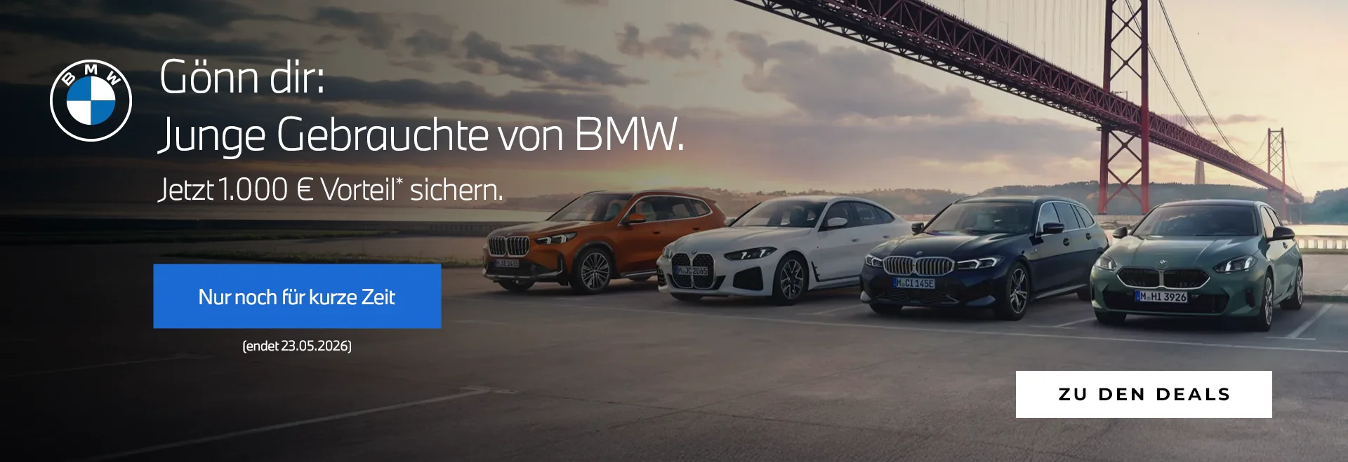 BMW Junge Gebrauchte Aktion bei der Wahl-Group: 1.000 € Vorteil auf zertifizierte Gebrauchtfahrzeuge – BMW X1, BMW 4er Gran Coupé, BMW 3er Touring und BMW 1er. Gültig bis 23.05.2026 in NRW und Hessen.