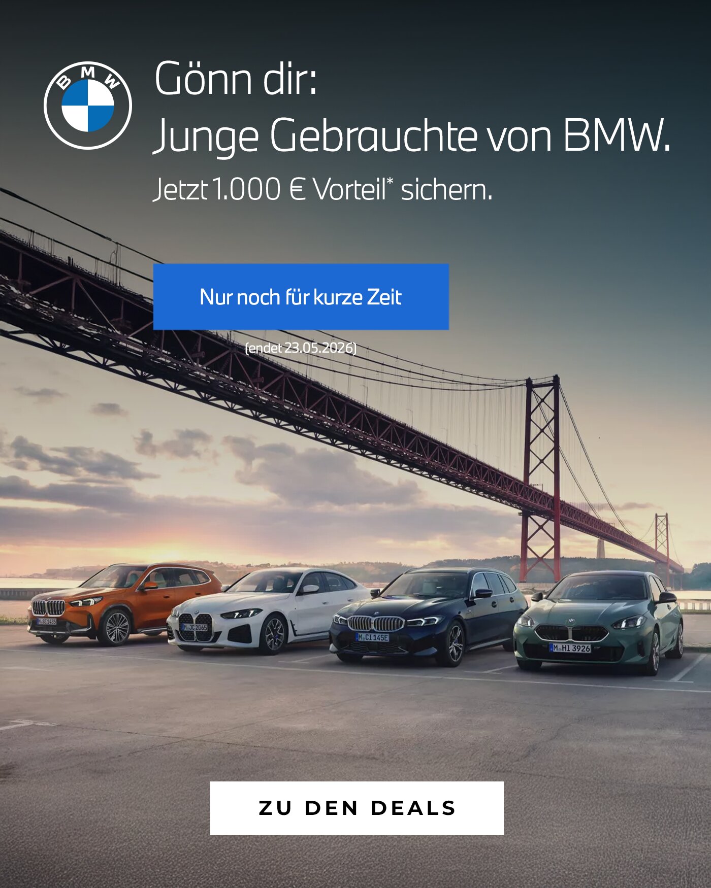 BMW Junge Gebrauchte Kampagne der Wahl-Group: 1.000 € Vorteil auf geprüfte BMW Gebrauchtfahrzeuge – BMW X1, BMW 4er, BMW 3er und BMW 1er. Angebot gültig bis 23.05.2026, Standorte in NRW und Hessen.
