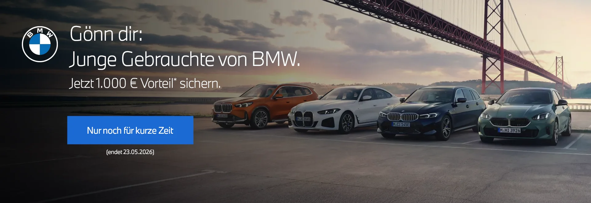 Header-Banner der BMW Junge Gebrauchte Aktion bei der Wahl-Group: BMW X1, BMW 4er Gran Coupé, BMW 3er Touring und BMW 1er – 1.000 € Zubehörvorteil auf zertifizierte Gebrauchtfahrzeuge, Aktionszeitraum bis 23.05.2026.
