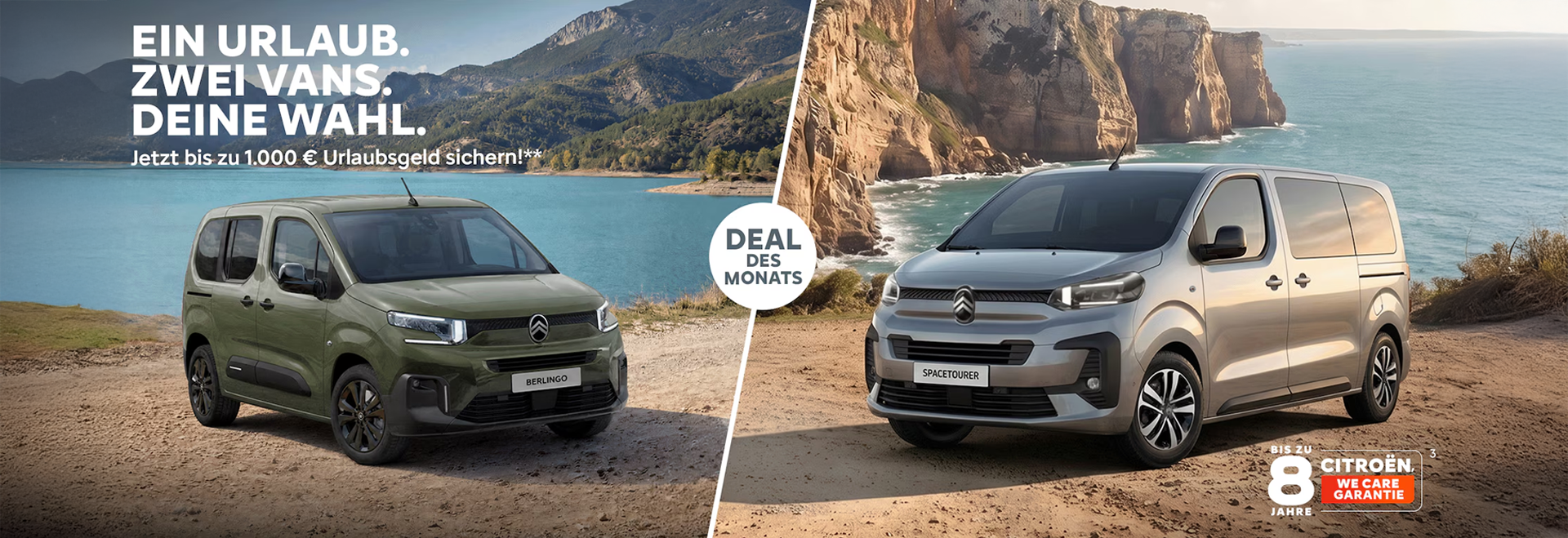 Citroën Berlingo in Grün und Citroën SpaceTourer in Grau vor einer Küstenlandschaft, Aktion Ein Urlaub. Zwei Vans. Deine Wahl.