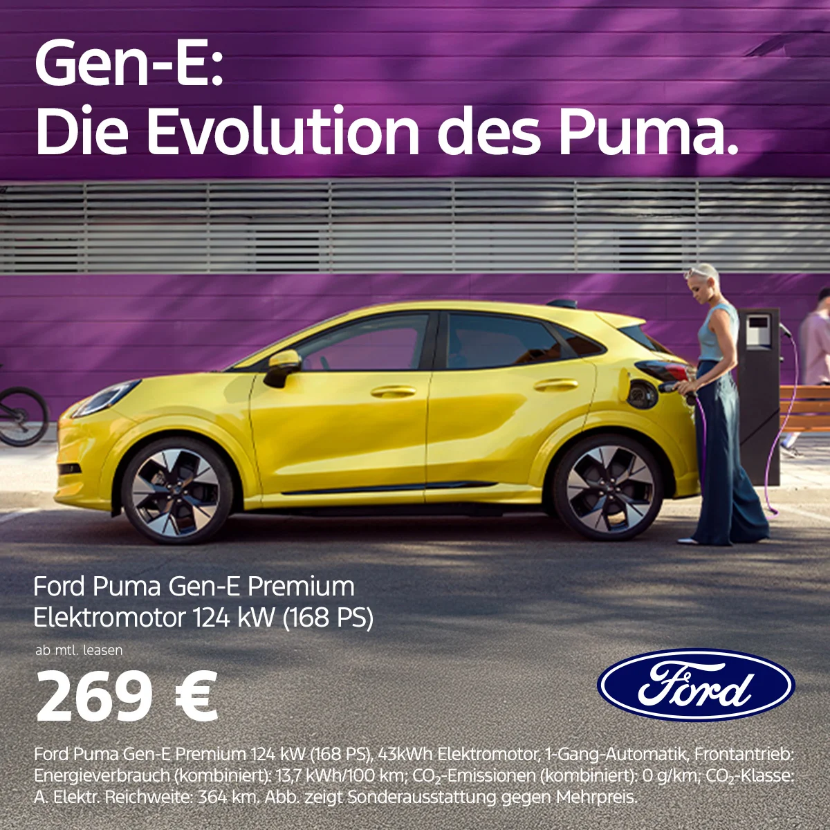 Ford Puma Gen-E Premium Elektro leasen ab 269 € mtl. | Wahl-Group Ford Puma Gen-E Premium Elektroauto Leasing ab 269 € monatlich bei der Wahl-Group – Elektromotor 168 PS, Reichweite 364 km