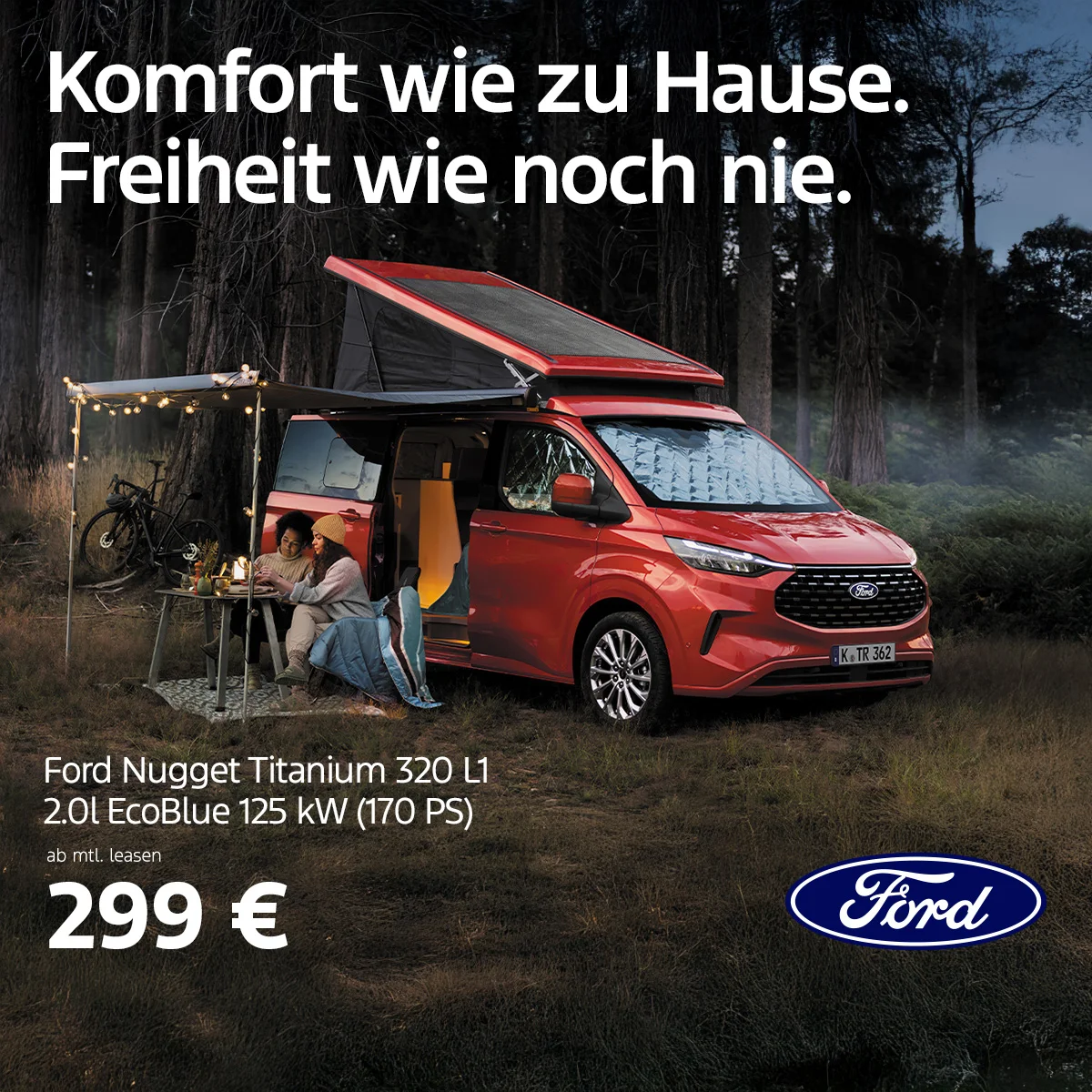 Ford Nugget Titanium Camper leasen ab 299 € mtl. | Wahl-Group Ford Nugget Titanium Campervan Leasing ab 299 € monatlich bei der Wahl-Group – 2.0l EcoBlue Diesel mit 170 PS