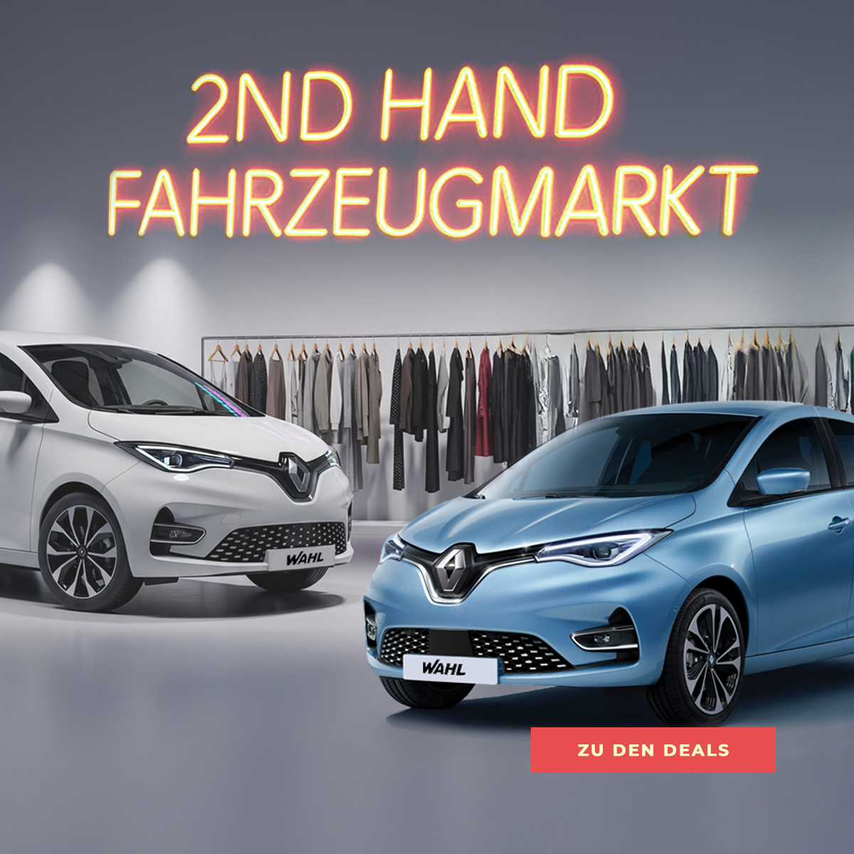 Gebrauchte Elektroautos: Renault ZOE Angebote bei der Wahl-Group. Gebrauchte Renault ZOE E-Autos im Showroom der Wahl-Group mit dem Schriftzug '2nd Hand Fahrzeugmarkt'.