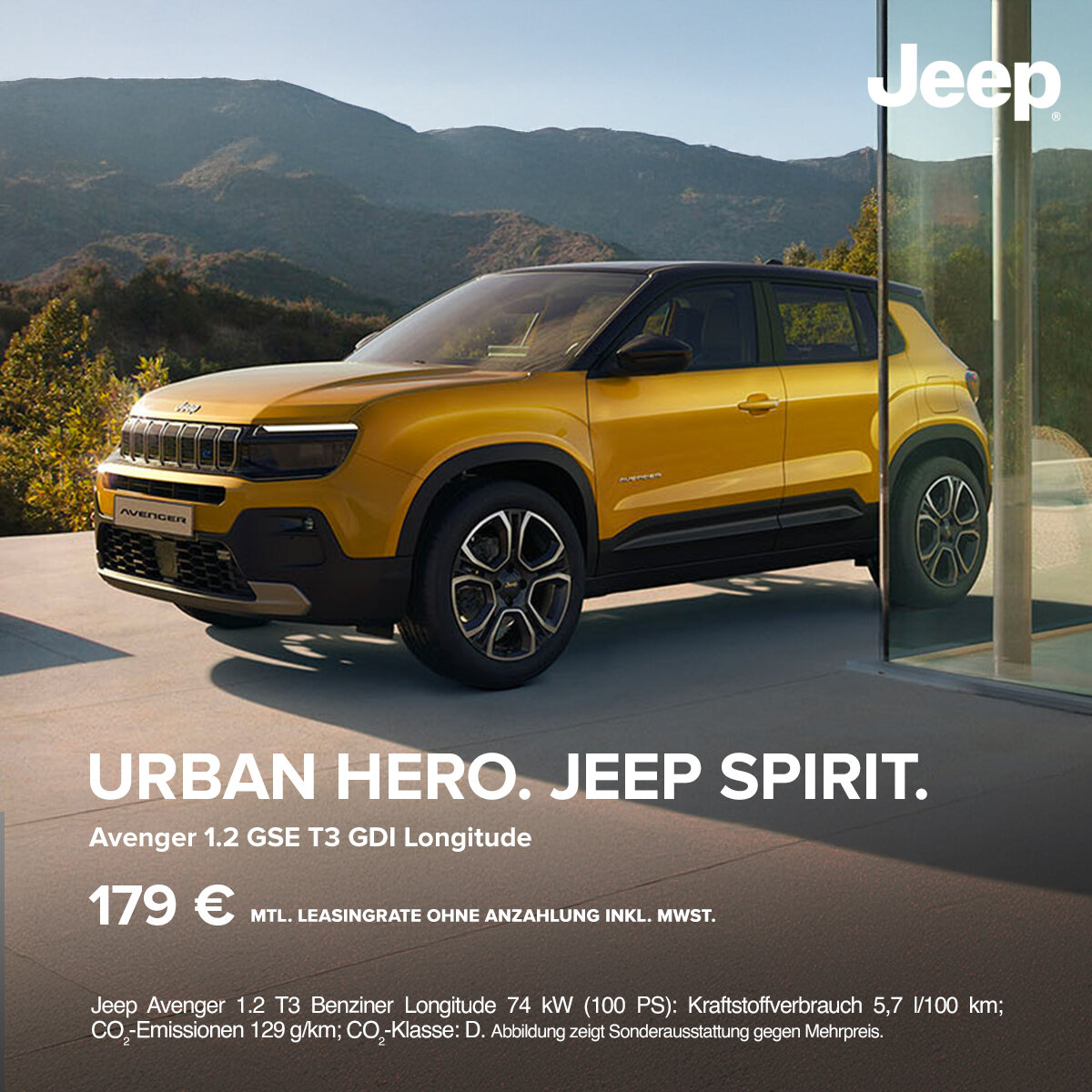Exklusives Jeep Avenger Leasingangebot in Kassel: Ihr Urban Hero ab 179€ mtl. ohne Anzahlung erleben Gelber Jeep Avenger 1.2 Longitude im Urban-Hero-Design mit Leasingangebot ab 179 Euro bei Wahl-Group Kassel