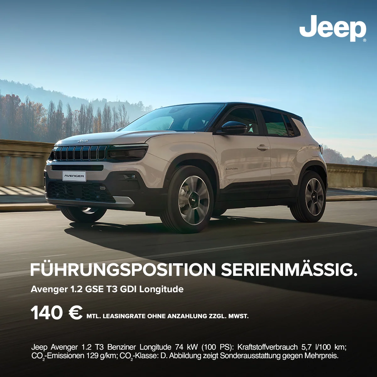 Jeep Avenger Business Leasing Kassel | 140 € mtl. ohne Anzahlung | Angebot Autohaus Wahl Jeep Avenger in heller Zweifarblackierung als Firmenwagen im Business-Leasing für 140 € mtl. ohne Anzahlung bei Autohaus Wahl Kassel. Headline im Bild: Führungsposition Serienmäßig.