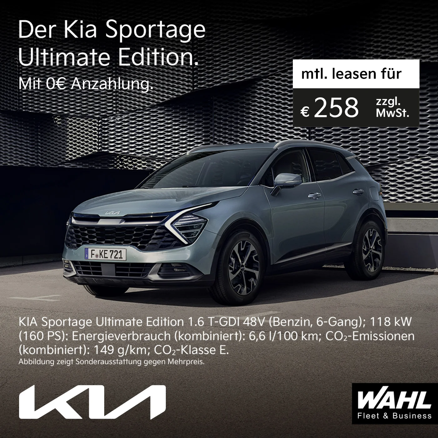 Kia Sportage Gewerbeleasing - 258 Euro netto pro Monat bei der Wahl-Group Kia Sportage, angeboten von der Wahl-Group für Gewerbeleasing zu einem Preis von 258 Euro netto pro Monat. Ideal für Firmen, die ein robustes und geräumiges SUV suchen.