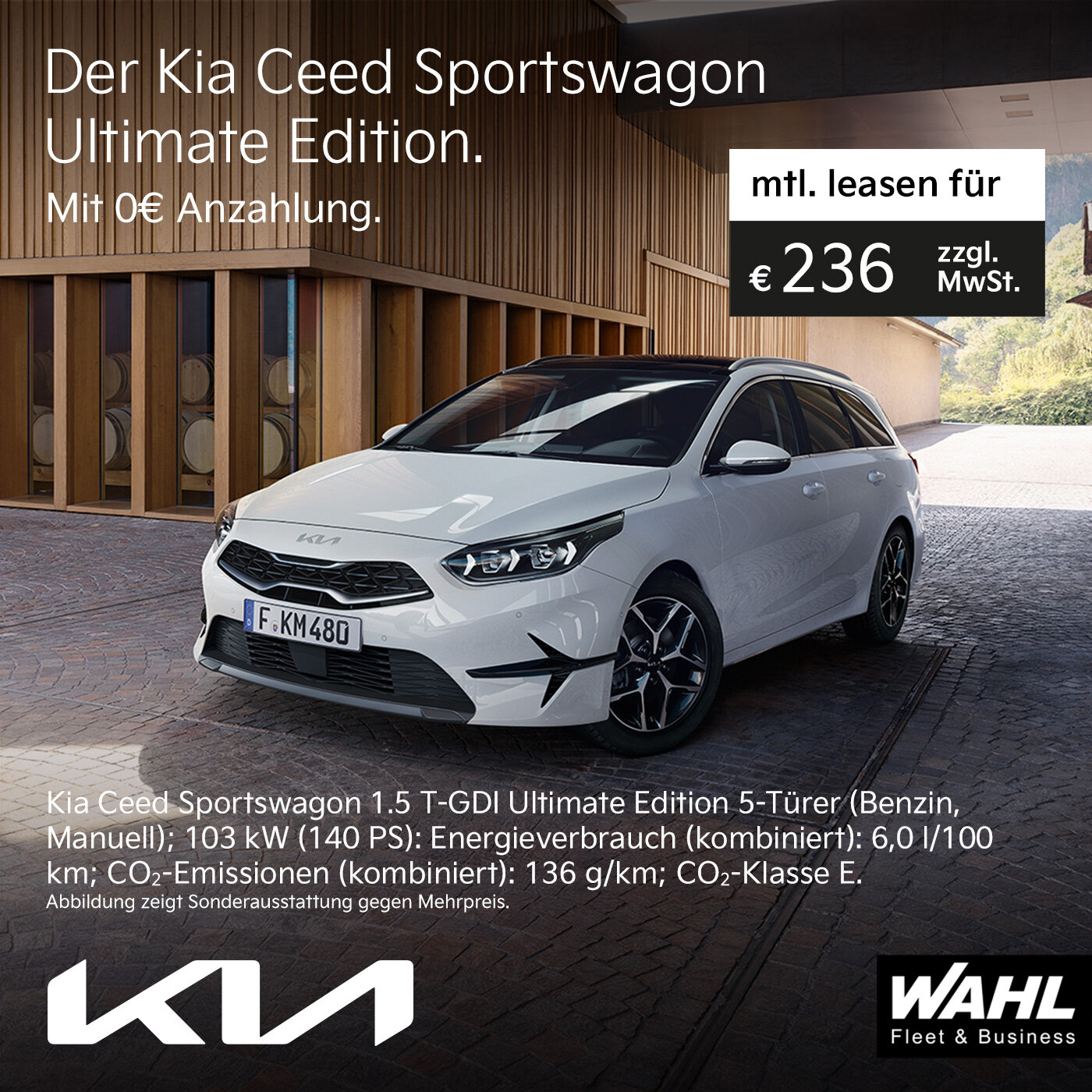Kia Ceed Sportswagon Gewerbeleasing - 236 Euro netto pro Monat bei der Wahl-Group Kia Ceed Sportswagon, angeboten von der Wahl-Group für Gewerbeleasing zu einem Preis von 236 Euro netto pro Monat. Perfekt für Unternehmen, die ein geräumiges und praktisches Fahrzeug suchen.