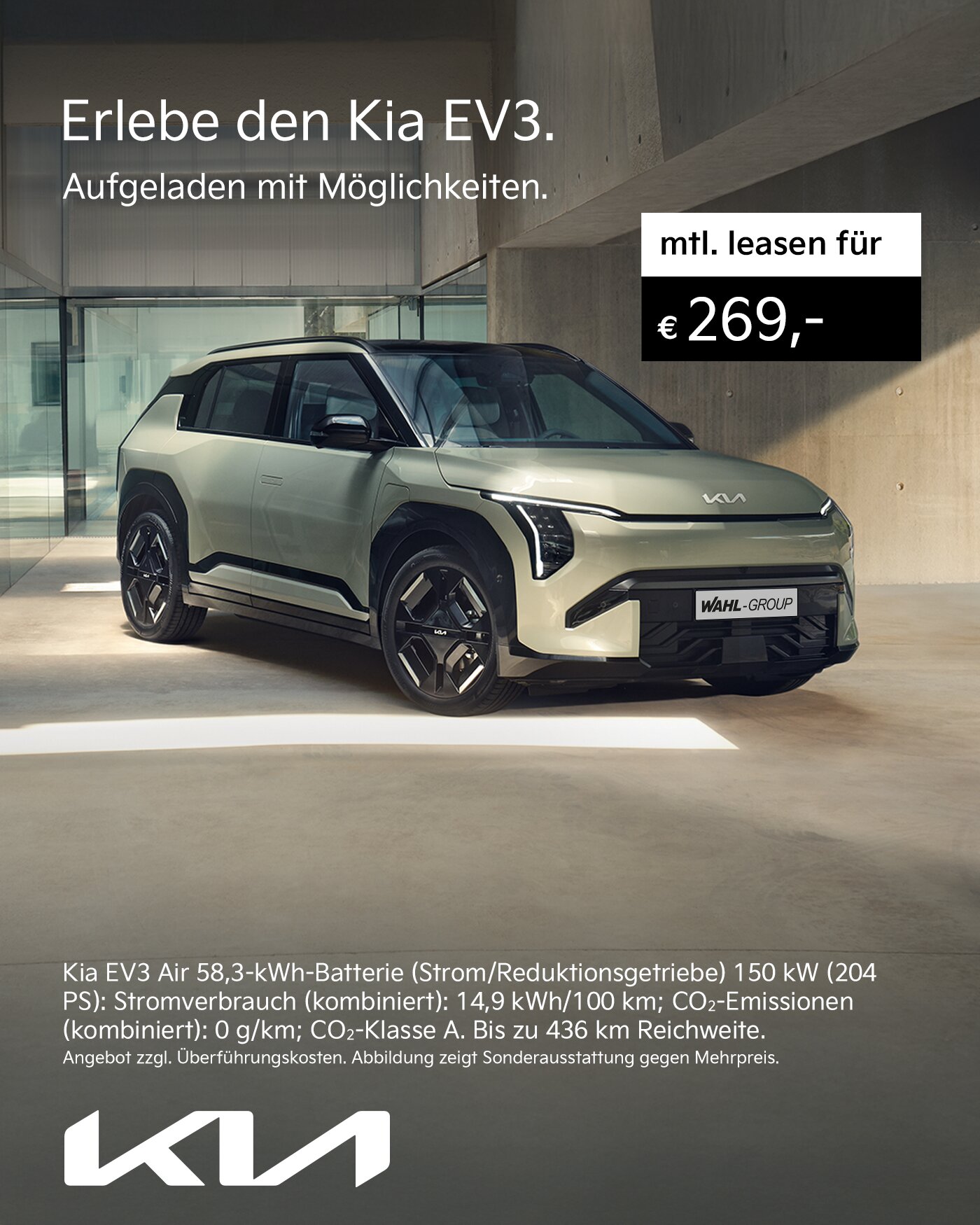 Kia EV3 Leasing bei der Wahl-Group – moderner Elektro SUV mit bis zu 436 km Reichweite ab 269 Euro monatlich