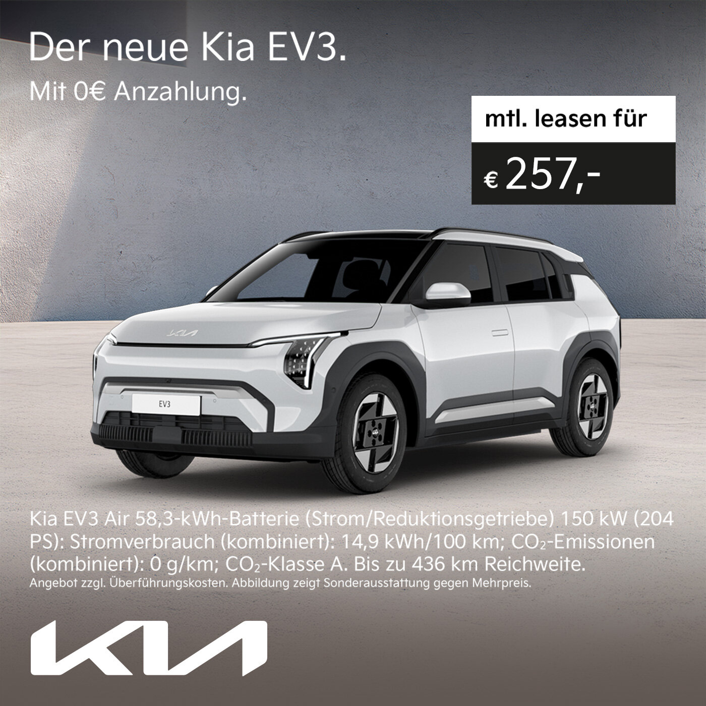 Kia EV3 Leasingangebot - 257 Euro Leasingangebot für den Kia EV3 ab 257 Euro monatlich bei der Wahl-Group