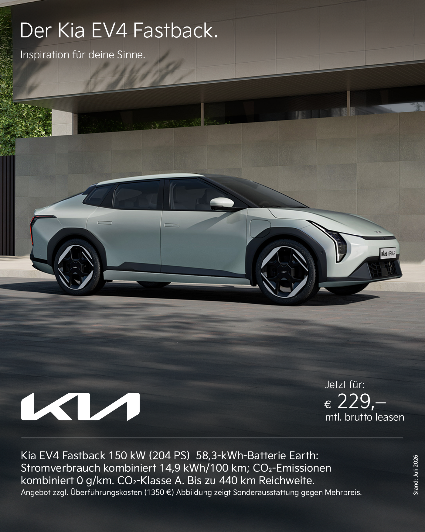 Kia EV4 Fastback 58 kWh 150 kW Air Leasing Angebot bei der Wahl-Group. Stromverbrauch kombiniert 14,9 kWh/100 km, CO2-Emissionen 0 g/km.