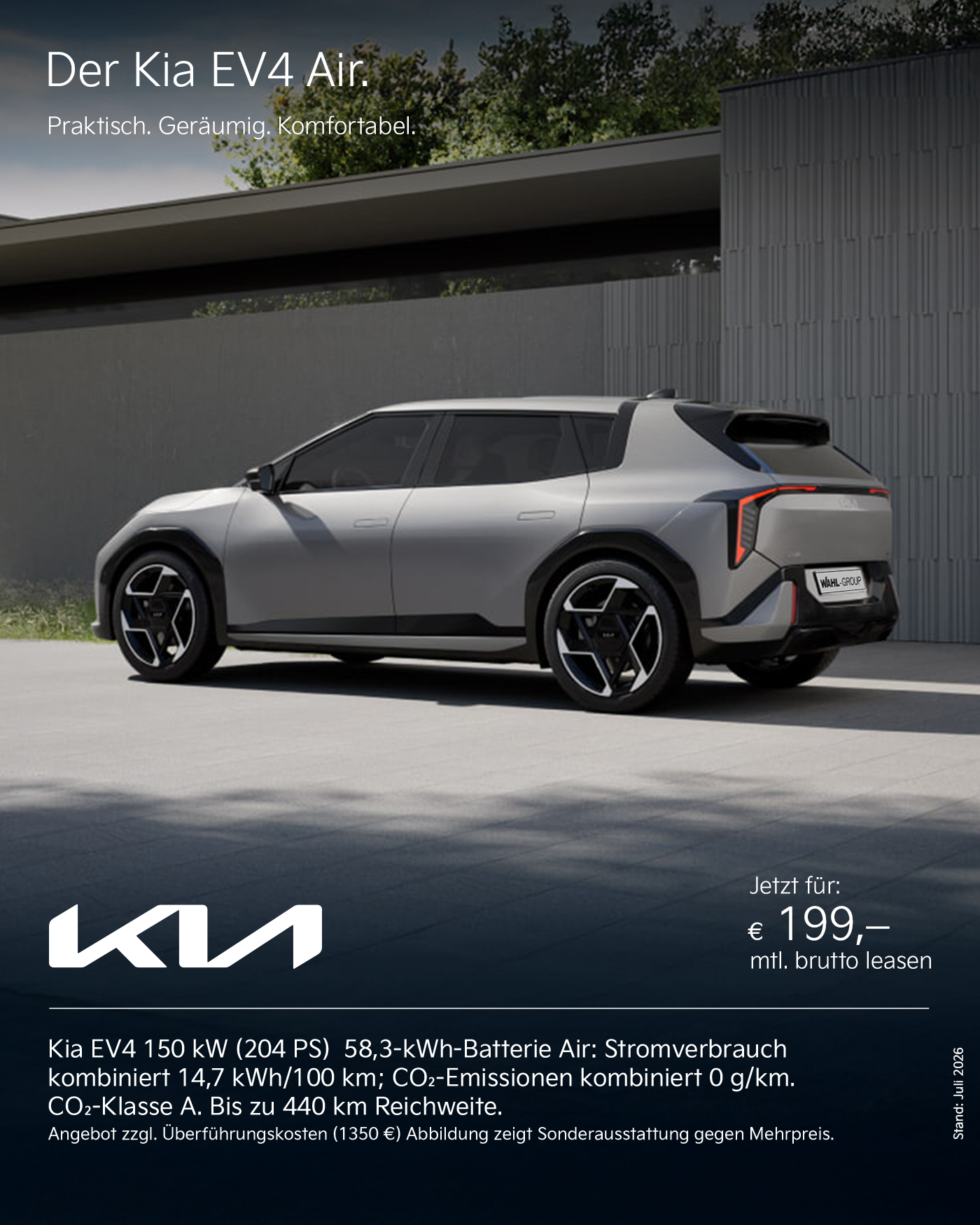 Kia EV4 58 kWh 150 kW Air Leasing Angebot bei der Wahl-Group. Stromverbrauch kombiniert 14,4 kWh/100 km, CO2-Emissionen 0 g/km.