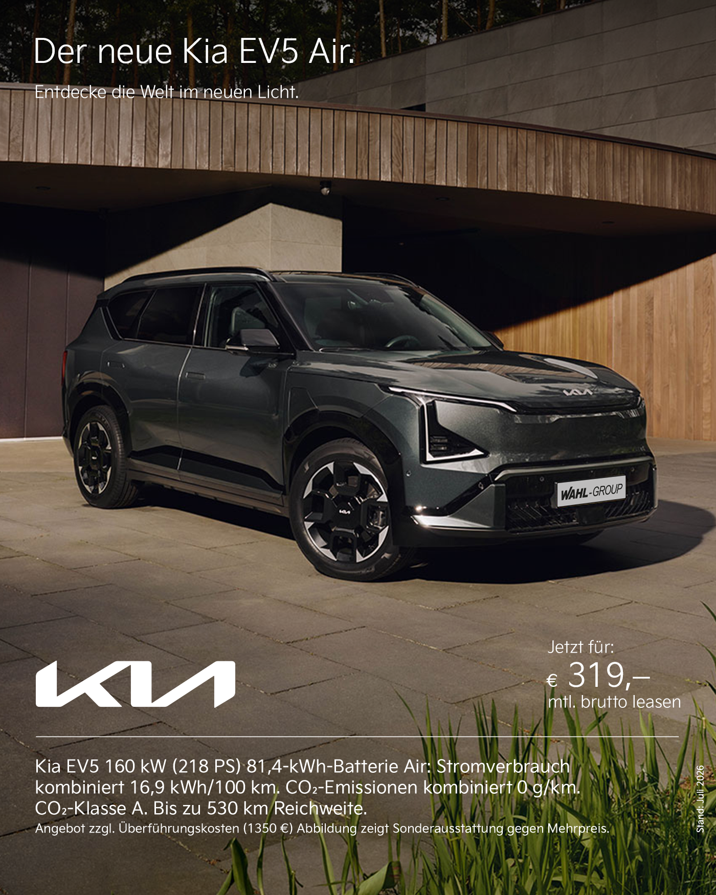 Kia EV5 Air 81 kWh Leasing Angebot bei der Wahl-Group. Stromverbrauch kombiniert 16,9 kWh/100 km, CO2-Emissionen 0 g/km.