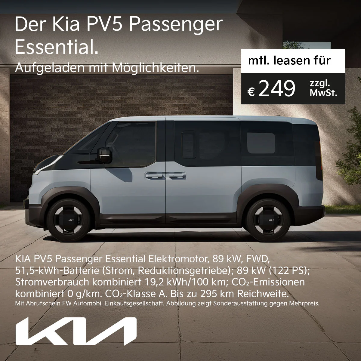 Kia PV5 Passenger Elektro leasen ab 249 € mtl. | Wahl-Group Kia PV5 Passenger Essential Elektroauto Leasing ab 249 € monatlich bei der Wahl-Group