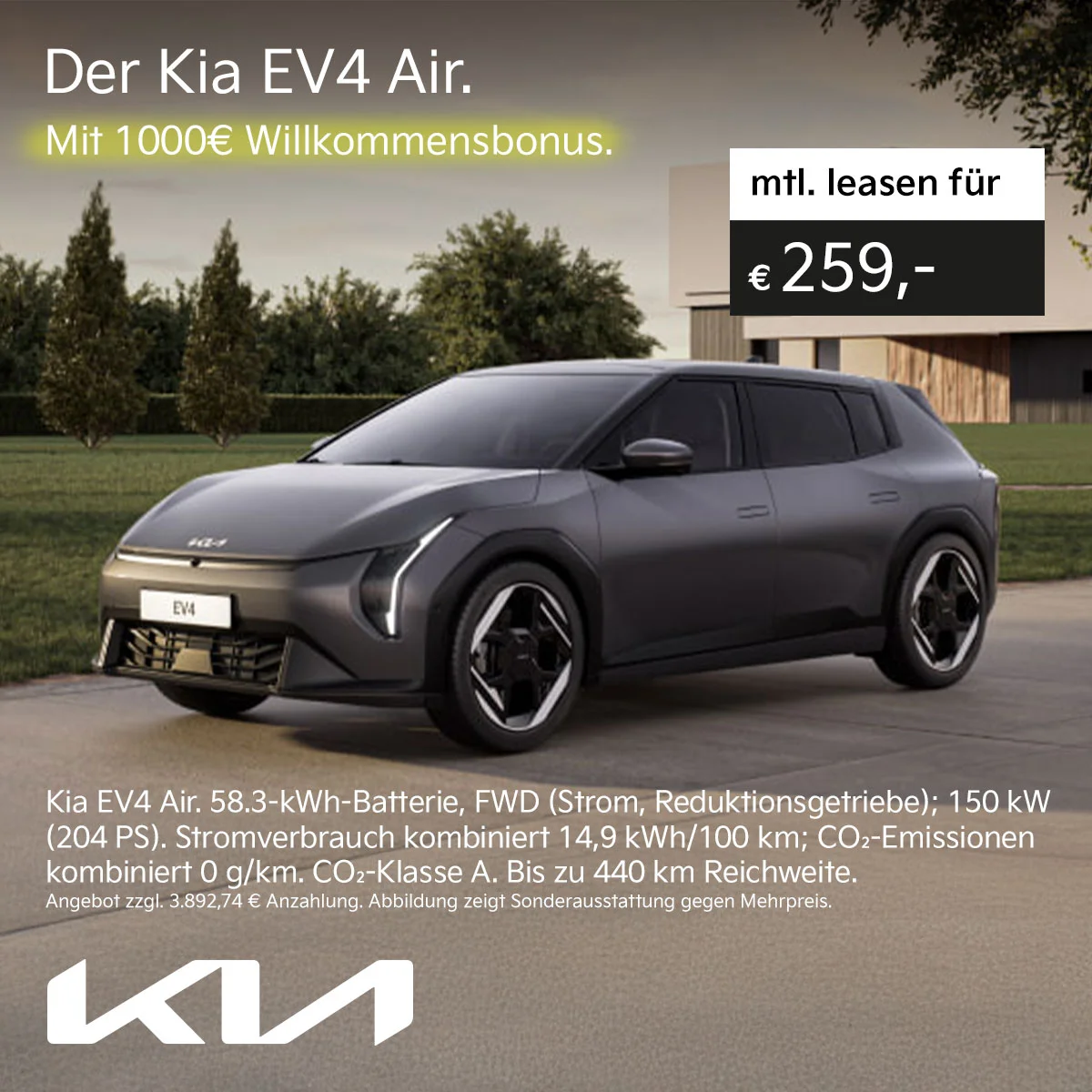 Kia EV4 Air Elektroauto Leasing ab 259 € monatlich bei der Wahl-Group – 204 PS, bis zu 440 km Reichweite