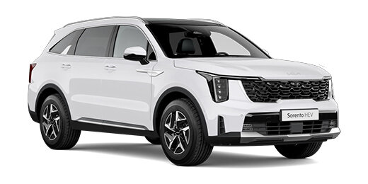 KIA Sorento Hybrid 2024 in Snow White Pearl - Frontansicht 3/4-Perspektive mit markanter Tigernose-Front, LED-Tagfahrlicht und 19-Zoll Leichtmetallfelgen
