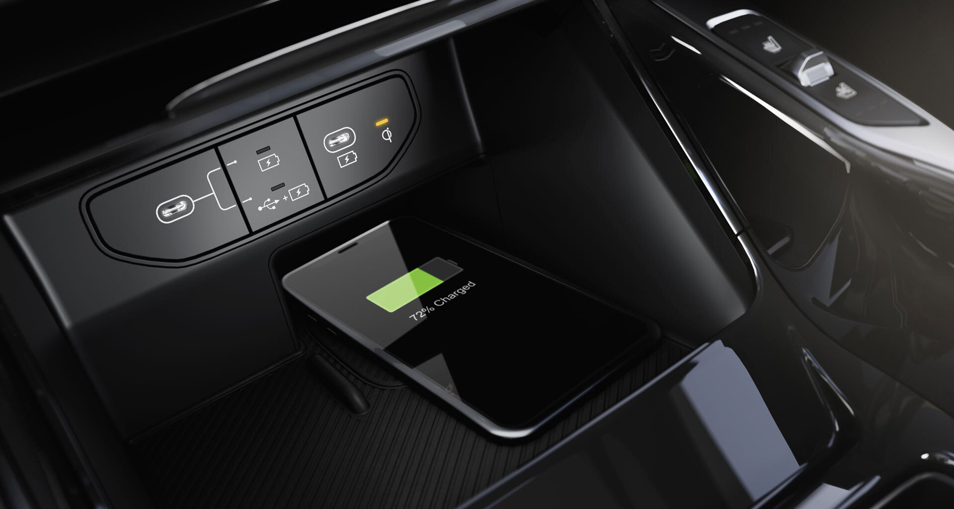 Kabelloses Laden im Kia Sorento – Bequem und ohne Kabelsalat unterwegs Wireless Charging im Kia Sorento – Smartphone wird kabellos auf der integrierten Ladefläche geladen