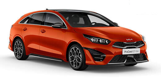 KIA ProCeed GT 2024 in Orange Fusion - Frontansicht 3/4-Perspektive mit sportlichem Shooting Brake Design, GT-Kühlergrill und 18-Zoll GT-Leichtmetallfelgen