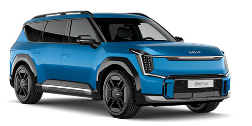 KIA EV9 2024 in Ocean Blue - Frontansicht 3/4-Perspektive mit imposantem Digital Tiger Face, Star-Map LED-Signatur und großzügigem SUV-Format