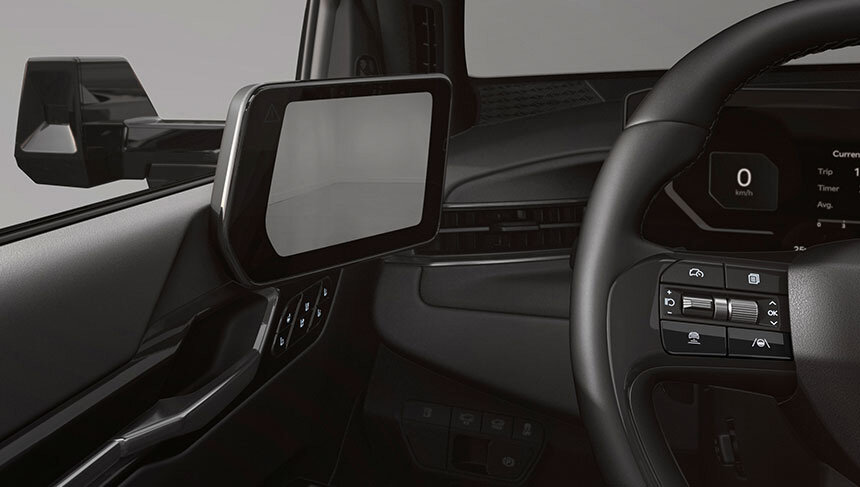 Kia EV9 mit digitalen Seitenspiegeln und hochauflösenden OLED-Displays für eine verbesserte Sicht und mehr Sicherheit.