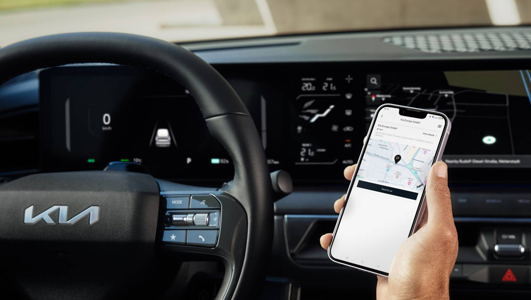 Kia EV9 mit Kia Connect für nahtlose Smartphone-Integration, Echtzeit-Informationen und smarte Konnektivitätsfunktionen.