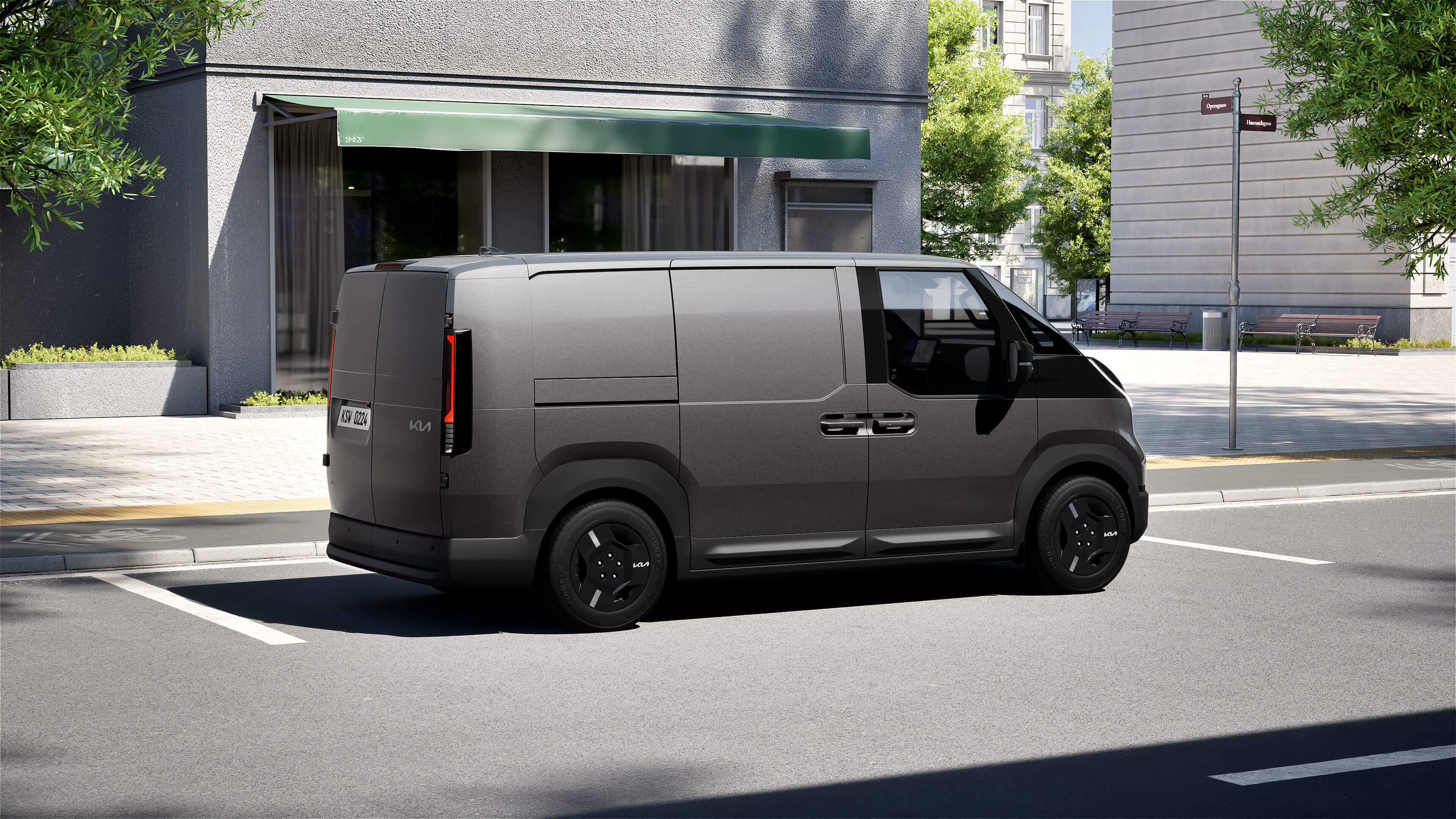 Kia PV5 Cargo – Seitenansicht des innovativen Elektro-Lieferwagens Seitenansicht des Kia PV5 Cargo: moderner Elektro-Lieferwagen mit aerodynamischem Design und großzügigem Laderaum