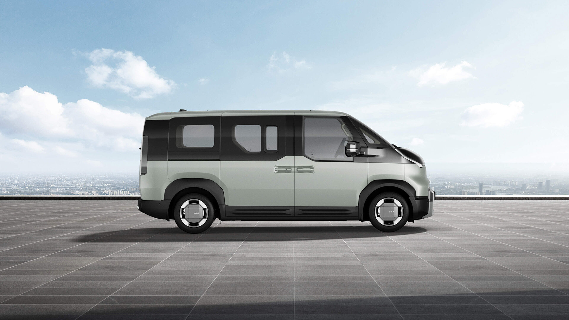 Ein Kia PV5 Passenger in einem sanften Soft Mint, präsentiert von der Wahl-Group, vereint frische Akzente und modernen Stil, ideal für entspannte Fahrten in der Stadt und auf dem Land.