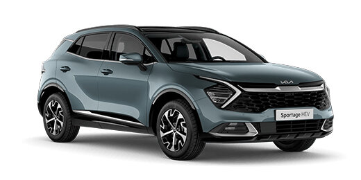 KIA Sportage Hybrid 2024 in Mineral Blue - Frontansicht 3/4-Perspektive mit Hybridgrill, adaptiven LED-Scheinwerfern und dynamischem SUV-Design