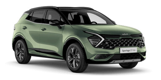 KIA Sportage 2024 in Experience Green - Frontansicht 3/4-Perspektive mit charakteristischer Tigernose-Front, LED-Tagfahrlicht und 18-Zoll Leichtmetallfelgen