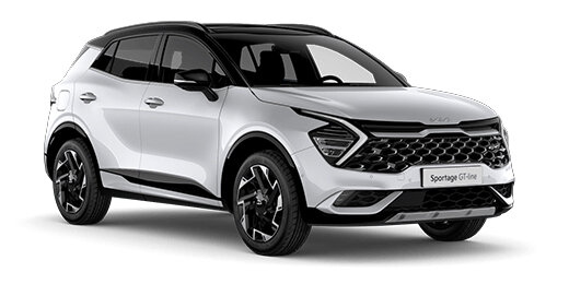 KIA Sportage Plug-in Hybrid 2024 in Deluxe White - Frontansicht 3/4-Perspektive mit speziellem PHEV-Kühlergrill, adaptiven LED-Scheinwerfern und schwarzem Kontrastdach