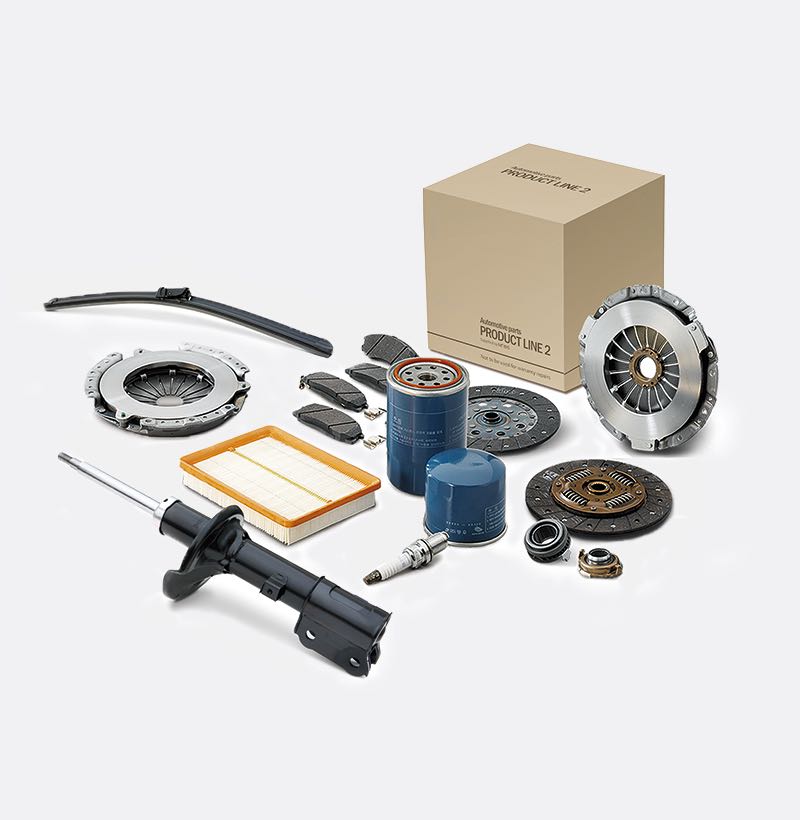 Verschiedene Kia Smart Parts: Ölfilter, Bremsbeläge, Bremsscheiben, Innenraumfilter und Wischerblätter.