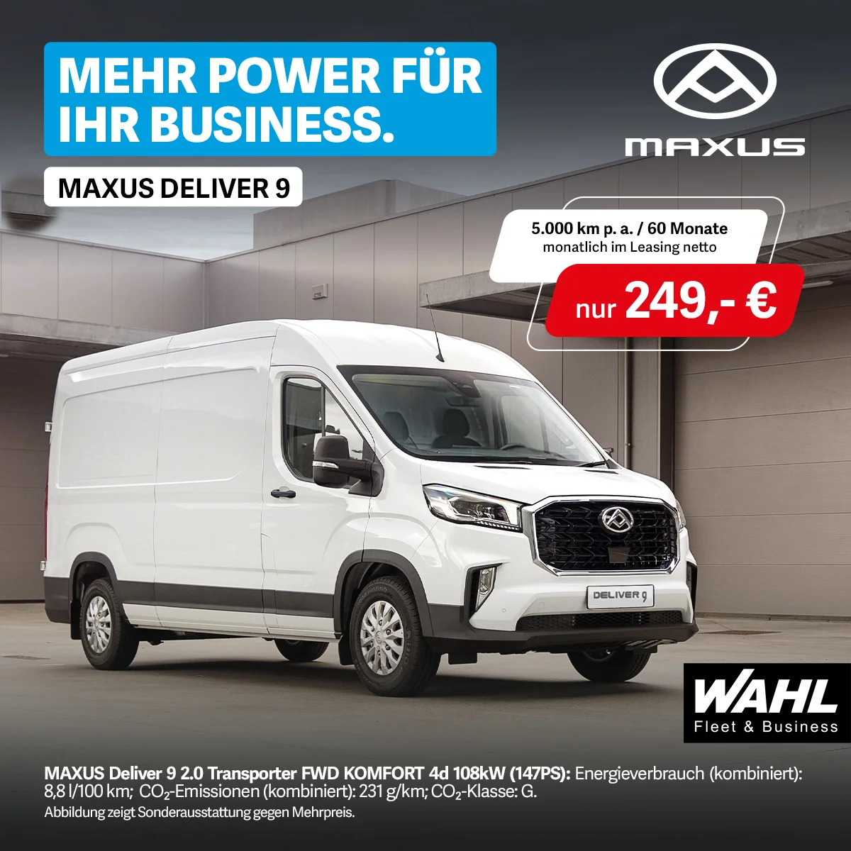 Maxus Deliver 9 Gewerbeleasing bei der Wahl-Group – Ihr Transporter ab 249 € Maxus Deliver 9 Leasingangebot für Gewerbekunden ab 249 € monatlich bei der Wahl-Group