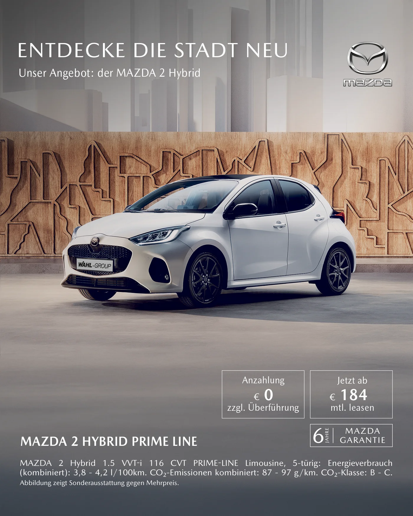 Mazda 2 Hybrid Prime Line Leasing bei der Wahl-Group – sparsamer Hybrid Kleinwagen mit 0 € Anzahlung