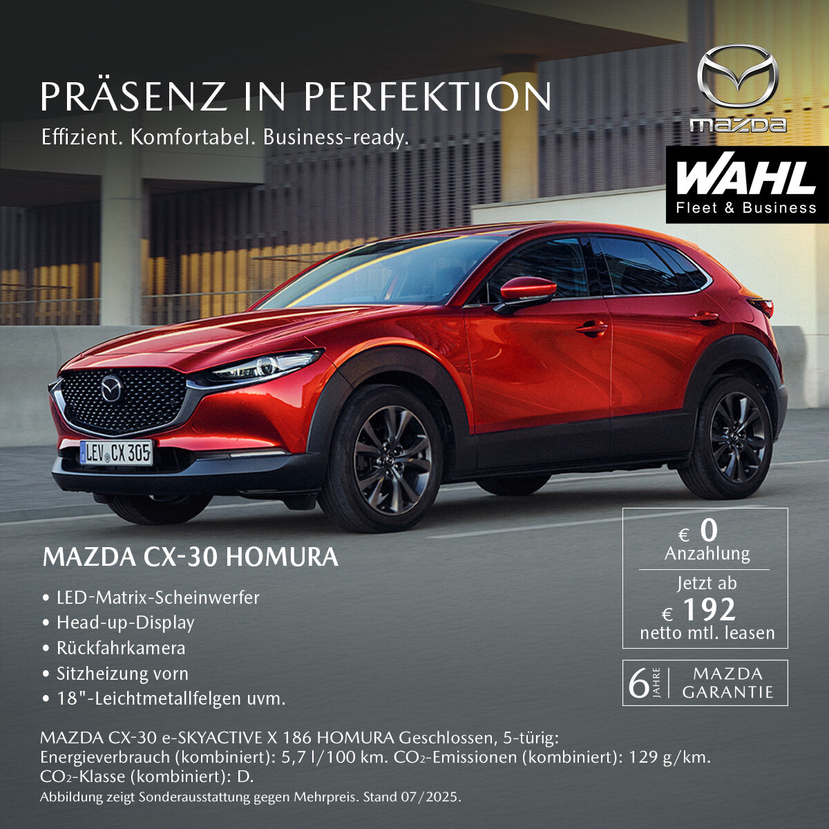 Mazda CX-30 Homura Gewerbeleasing – ab 192 € mtl. bei Wahl-Group | Komfort trifft Effizienz Mazda CX-30 Homura in Rot – exklusives Gewerbeleasing-Angebot der Wahl-Group ab 192 € netto monatlich