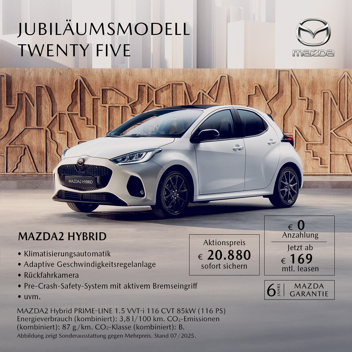 Mazda2 Hybrid Jubiläumsmodell jetzt ab 169 € mtl. leasen – Wahl-Group Mazda2 Hybrid Jubiläumsmodell Twenty Five in Weiß – Privatleasingangebot ab 169 € monatlich bei der Wahl-Group