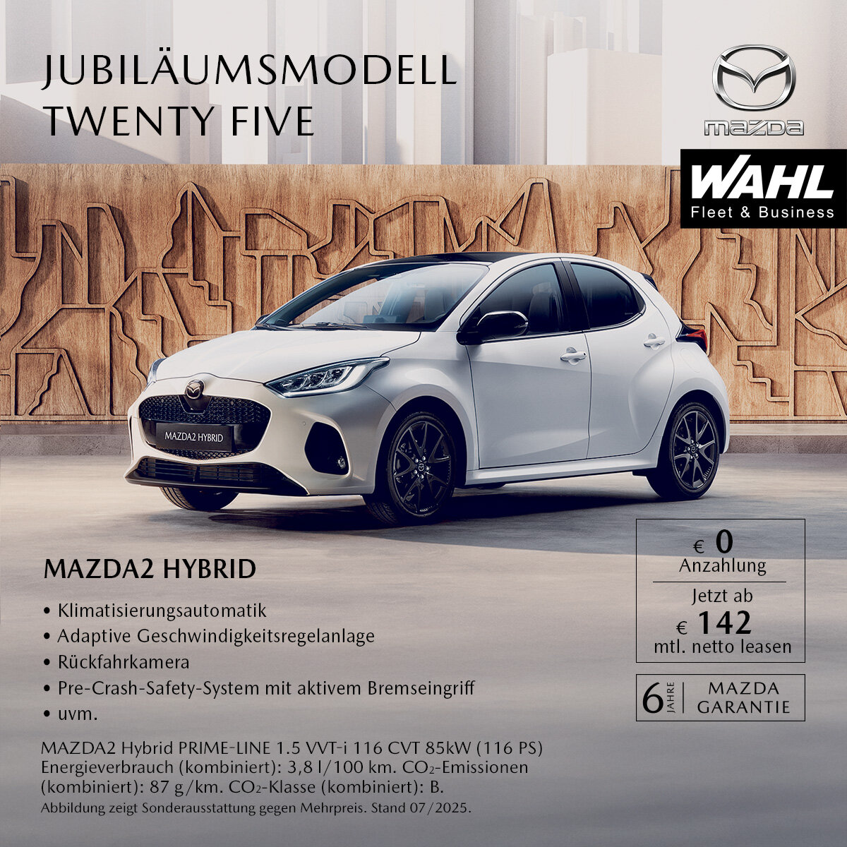 Mazda2 Hybrid für Gewerbekunden ab 142 € netto mtl. leasen – Wahl-Group Mazda2 Hybrid Jubiläumsmodell Twenty Five – Gewerbekunden-Leasingangebot ab 142 € netto monatlich bei der Wahl-Group