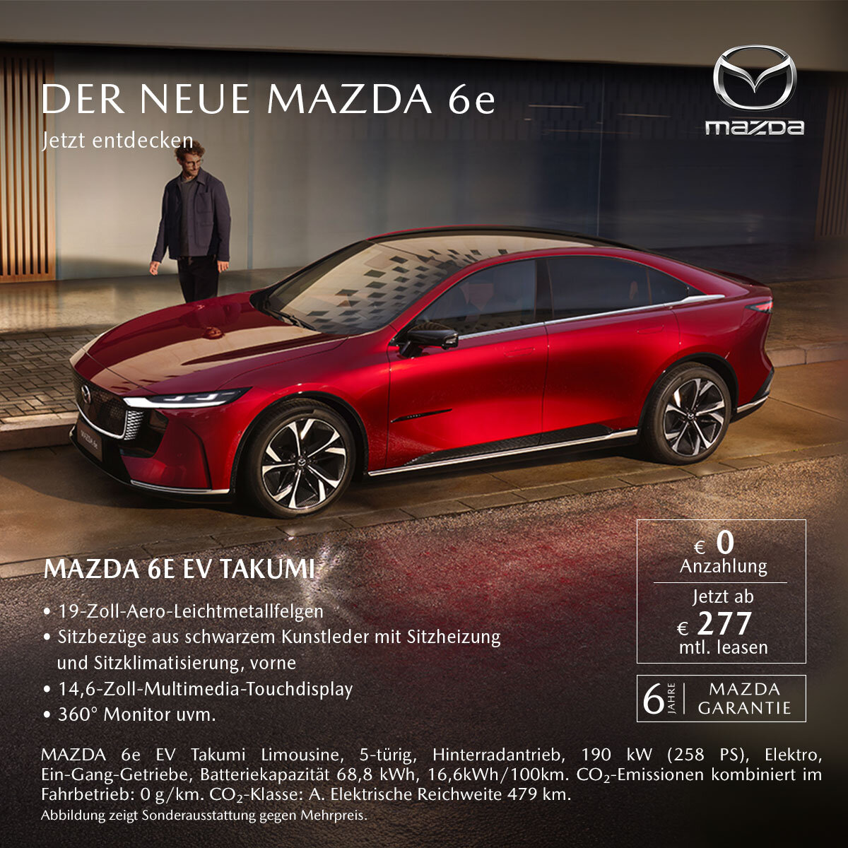 Neuer Mazda 6e EV Takumi Limousine rot Elektroauto Leasingangebot Privatkunden Wahl Group