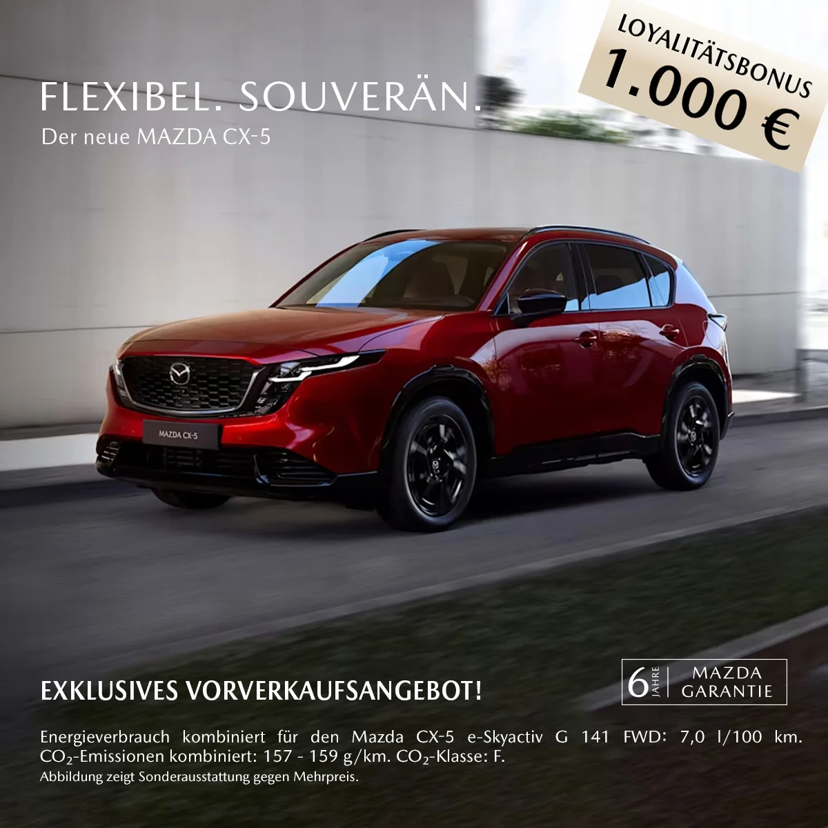 Roter Mazda CX-5 SUV im exklusiven Vorverkaufsangebot mit 1.000 € Loyalitätsbonus und 6 Jahren Mazda Garantie bei Wahl-Group.