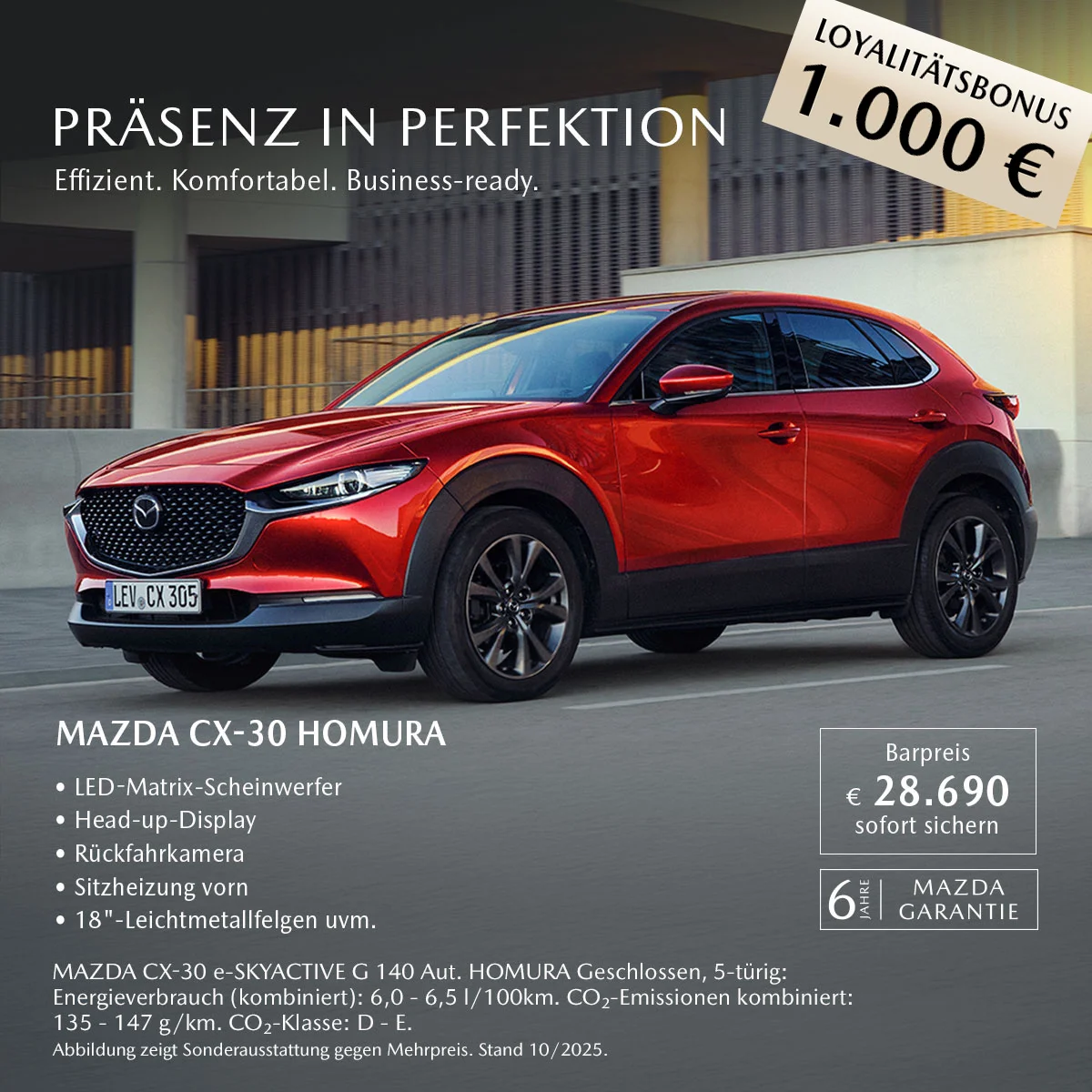 Roter Mazda CX-30 Homura mit LED-Matrix-Scheinwerfern und Head-up-Display im attraktiven Leasingangebot bei Wahl-Group inklusive 1.000 € Loyalitätsbonus.