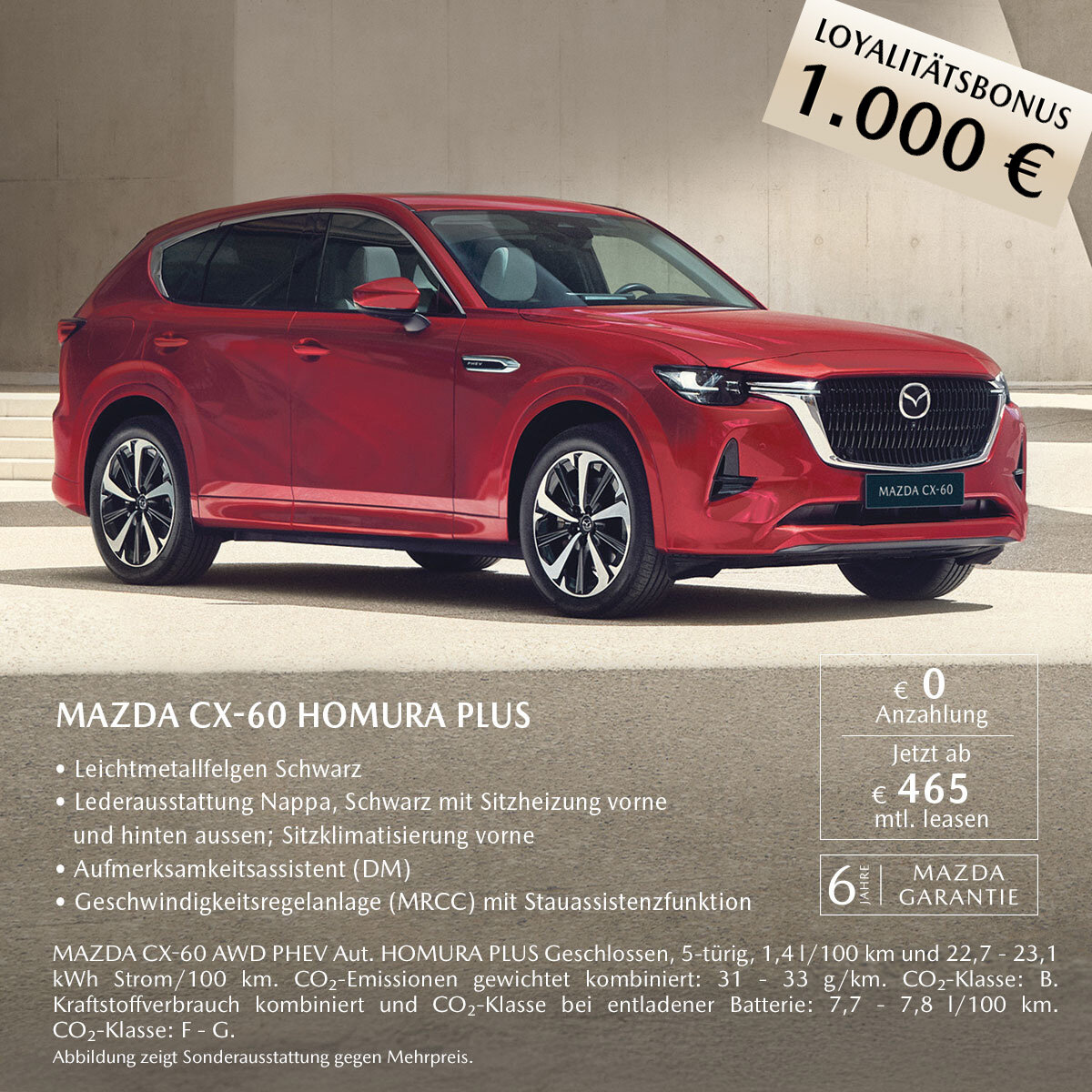 Roter Mazda CX-60 Homura Plus Plug-in-Hybrid mit schwarzer Lederausstattung im Mazda Gewerbeleasing ab 465 € monatlich bei Wahl-Group.