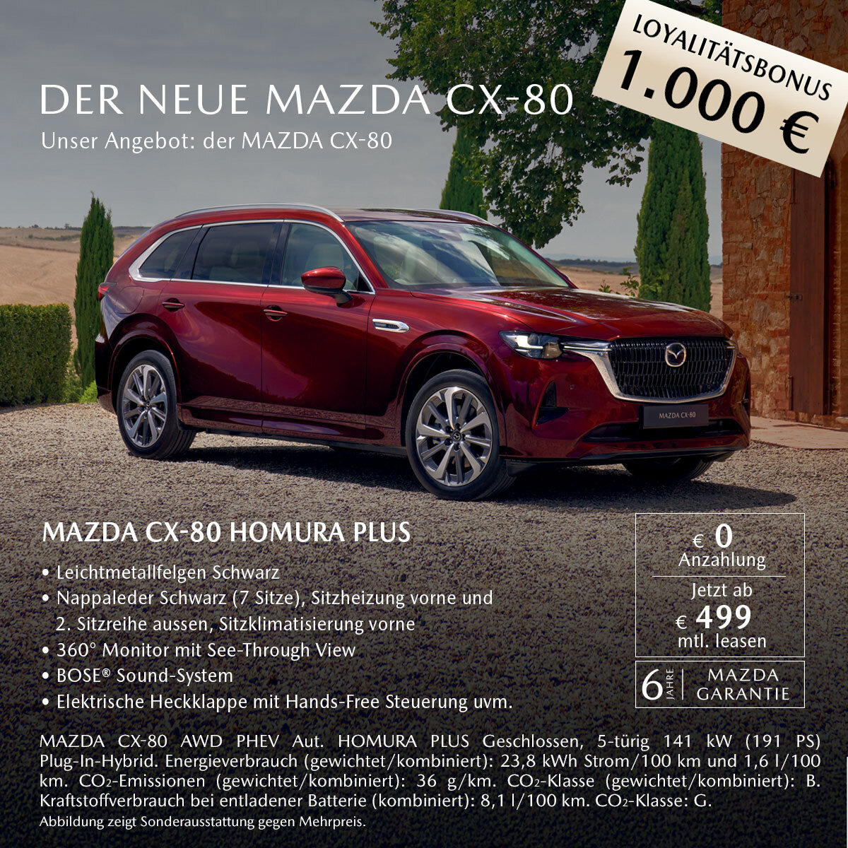 Roter Mazda CX-80 Homura Plus mit sieben Sitzen, BOSE Soundsystem und 1.000 € Loyalitätsbonus im Mazda Leasingangebot bei Wahl-Group.