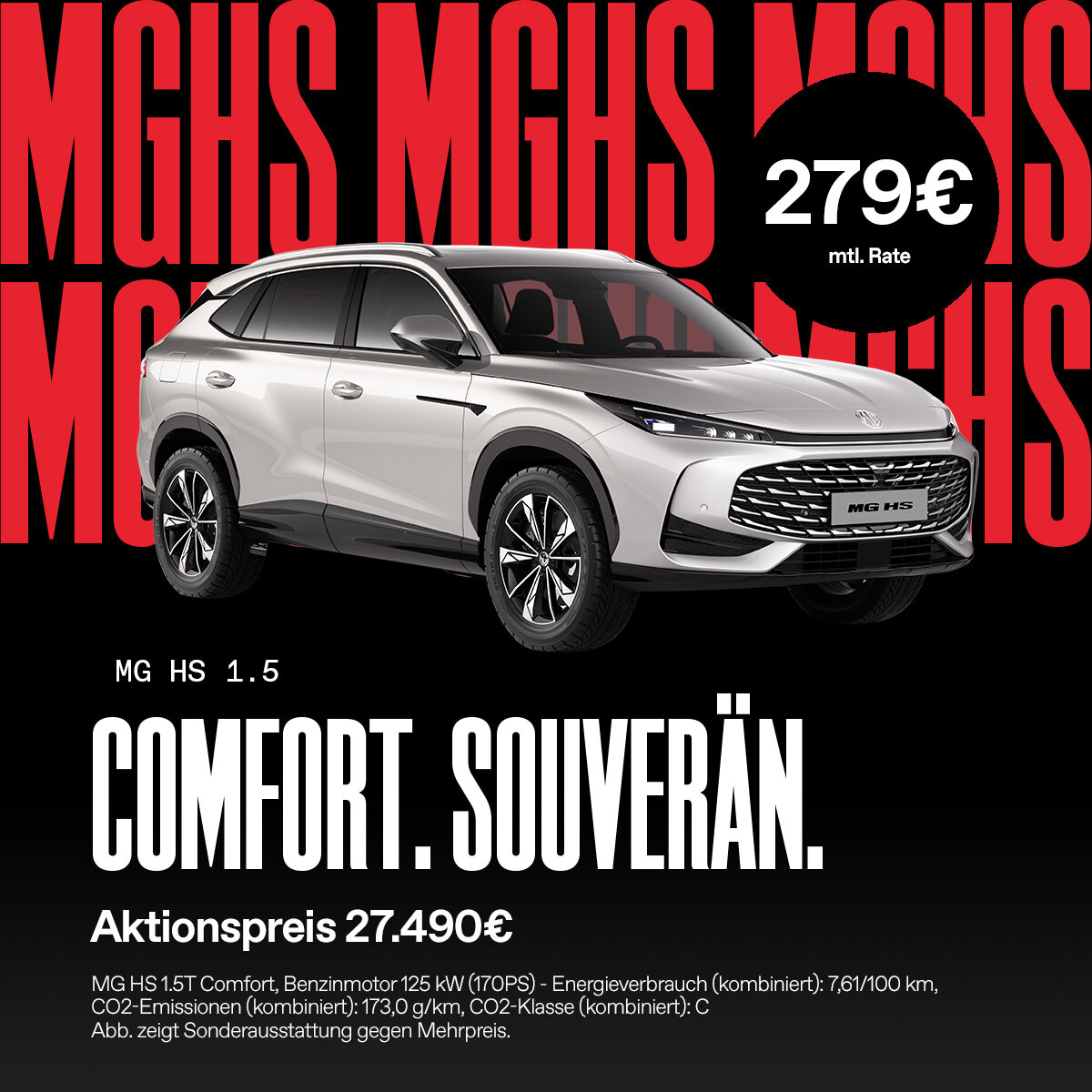 MG HS Comfort, erhältlich bei der Wahl-Group für 279 Euro monatlich in der Finanzierung oder 27.490 Euro als Barpreis. Ideales SUV für Privatkunden, die Wert auf Komfort und Style legen.
