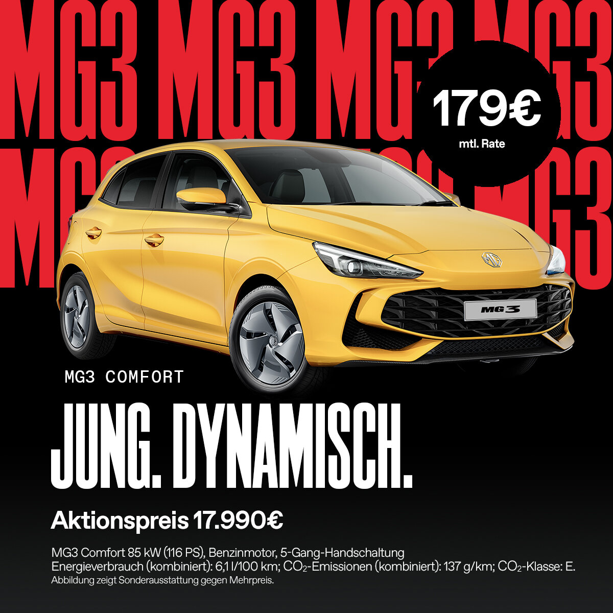 MG3 Comfort, erhältlich bei der Wahl-Group für 179 Euro monatlich in der Finanzierung oder 17.990 Euro als Barpreis. Ideal für Privatkunden, die ein kompaktes und preiswertes Fahrzeug suchen.