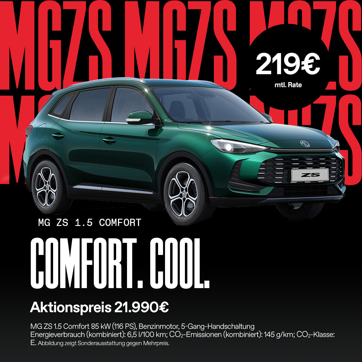 MG ZS, erhältlich bei der Wahl-Group für 219 Euro monatlich in der Finanzierung oder 21.990 Euro als Barpreis. Kompaktes SUV, ideal für Privatkunden, die ein attraktives Preis-Leistungs-Verhältnis suchen.