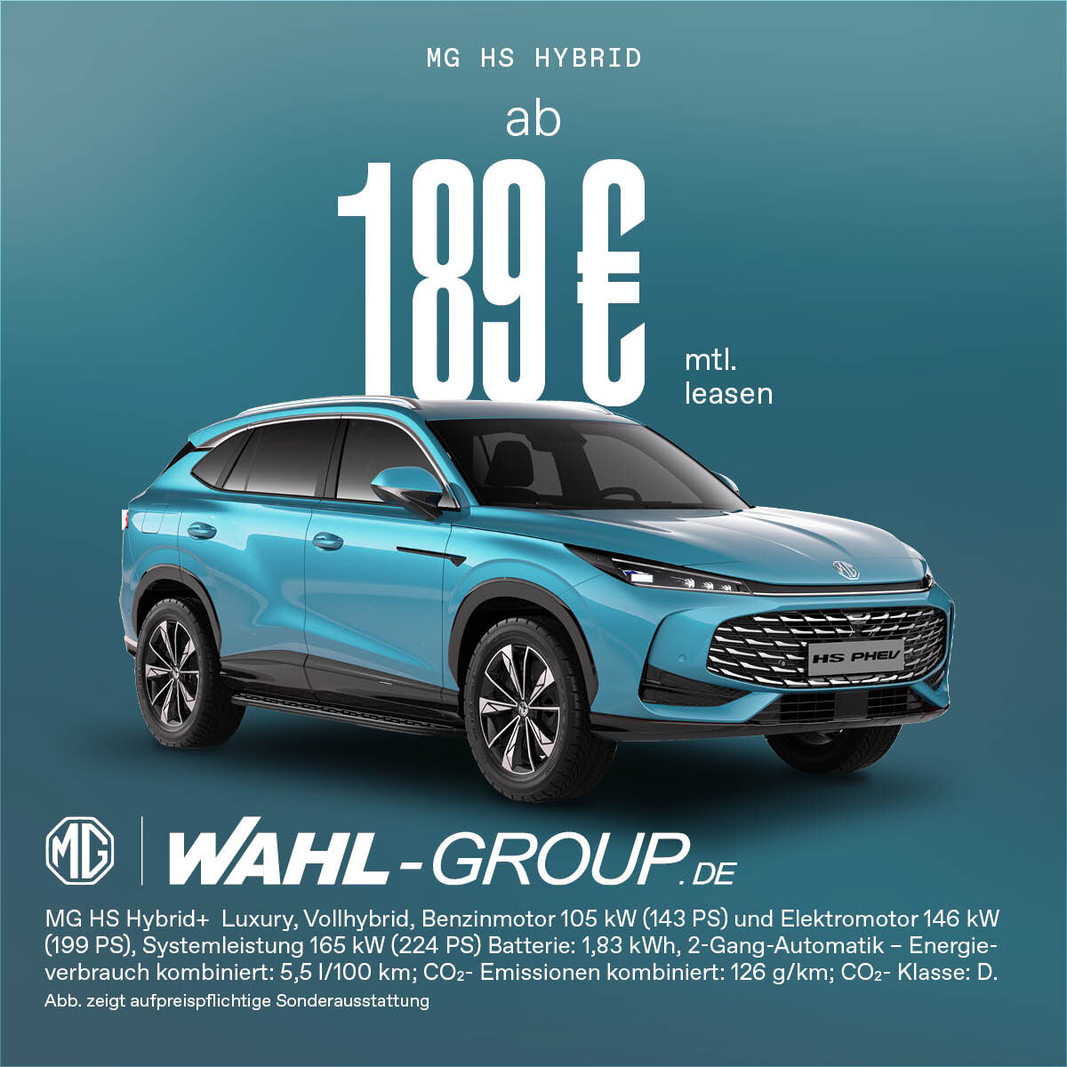 MG HS Hybrid+ Luxury – Vollhybrid-SUV mit Top-Ausstattung ab 189 € mtl. | Wahl-Group Blauer MG HS Hybrid+ Luxury SUV mit attraktivem Privatleasing-Angebot der Wahl-Group