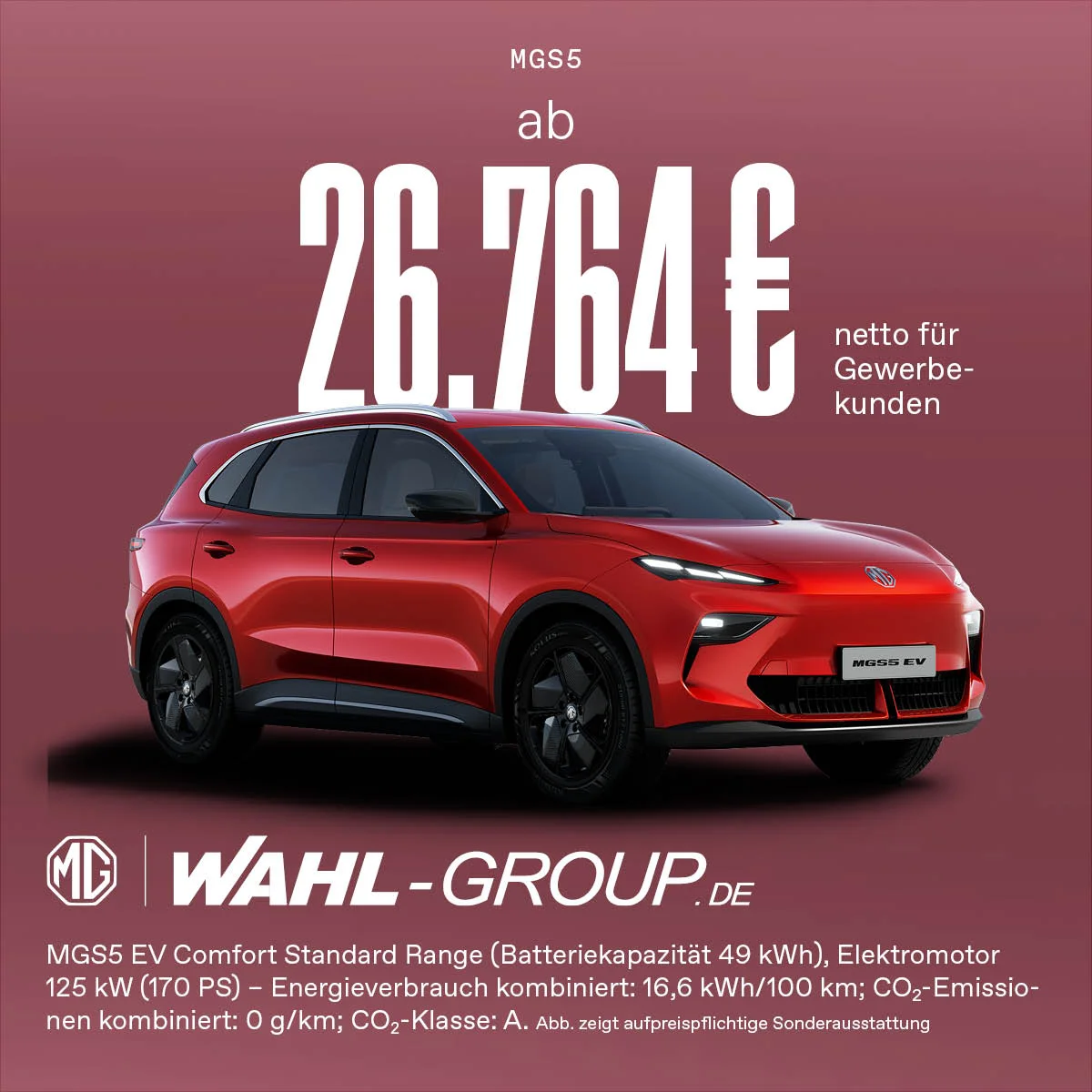 MG S5 EV Comfort – Elektrischer SUV für Gewerbekunden ab 26.764 € netto | Wahl-Group Roter MG S5 EV Comfort SUV für Gewerbekunden mit attraktivem Netto-Barpreis – Wahl-Group