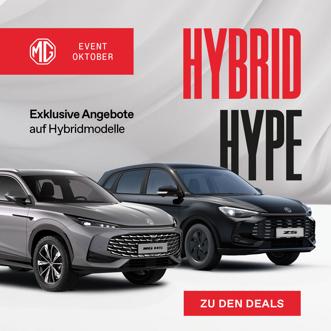 Zwei MG Hybrid-SUVs vor hellem Hintergrund mit Text "Hybrid Hype" und Hinweis auf exklusive Hybrid-Angebote im Oktober bei Wahl-Group