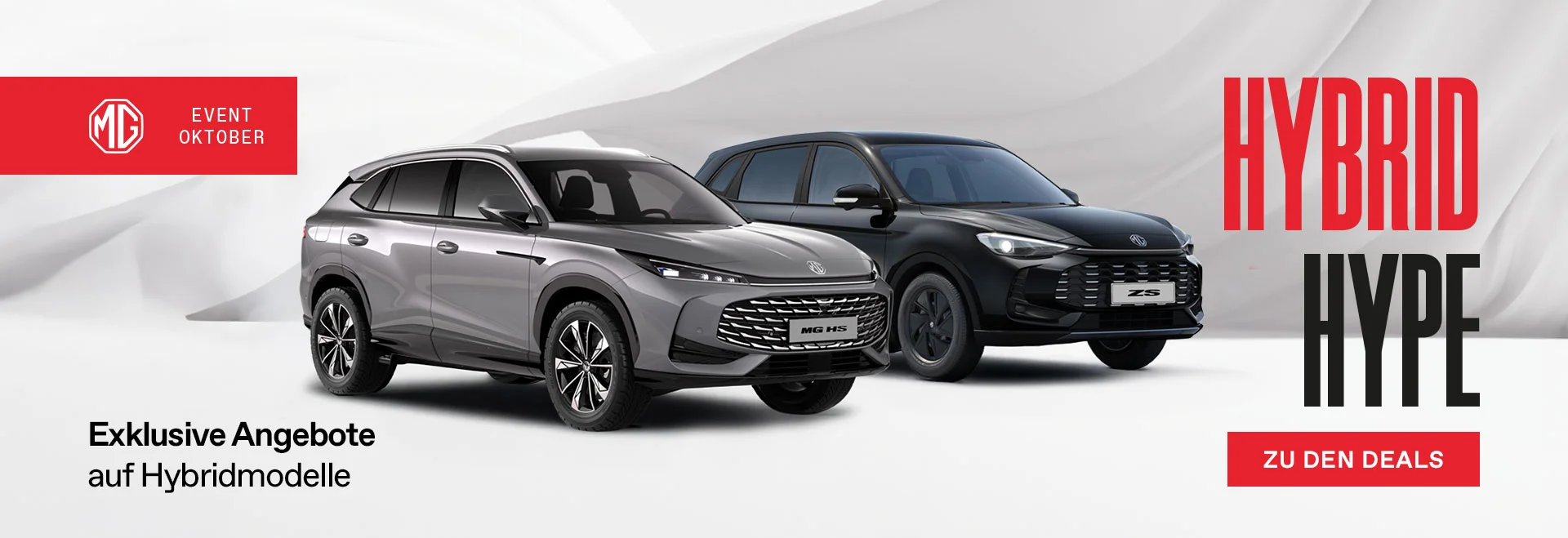 MG Hybrid Hype – Exklusive Angebote im Oktober bei Wahl-Group Zwei MG Hybrid-SUVs vor hellem Hintergrund mit Text "Hybrid Hype" und Hinweis auf exklusive Hybrid-Angebote im Oktober bei Wahl-Group