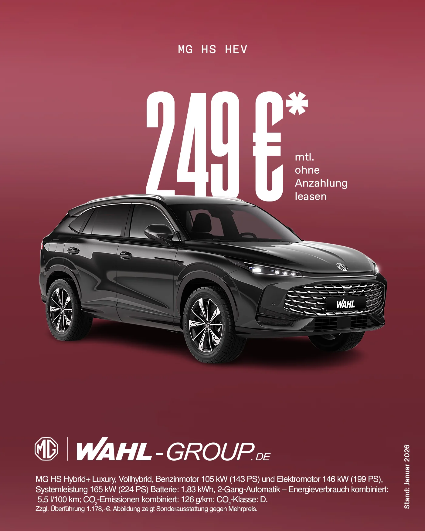 MG HS HEV Luxury Hybrid SUV Frontansicht. Leasingangebot für 249 Euro monatlich oder 0,00% Finanzierung. Sofort verfügbar bei der Wahl-Group in NRW, Hessen und RLP.