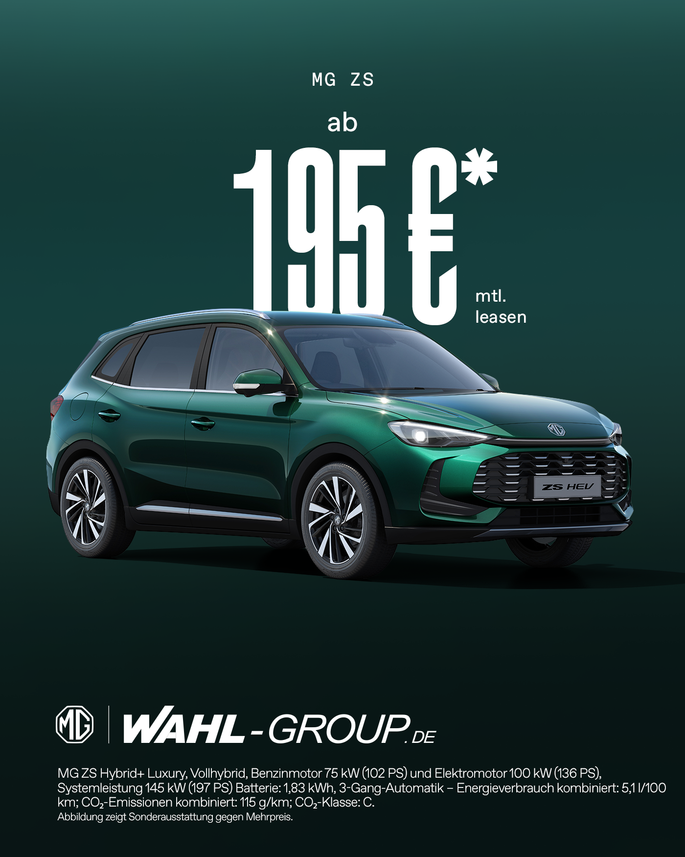 MG ZS Hybrid+ Luxury Leasing bei der Wahl-Group – effizienter Hybrid SUV ab 195 Euro monatlich