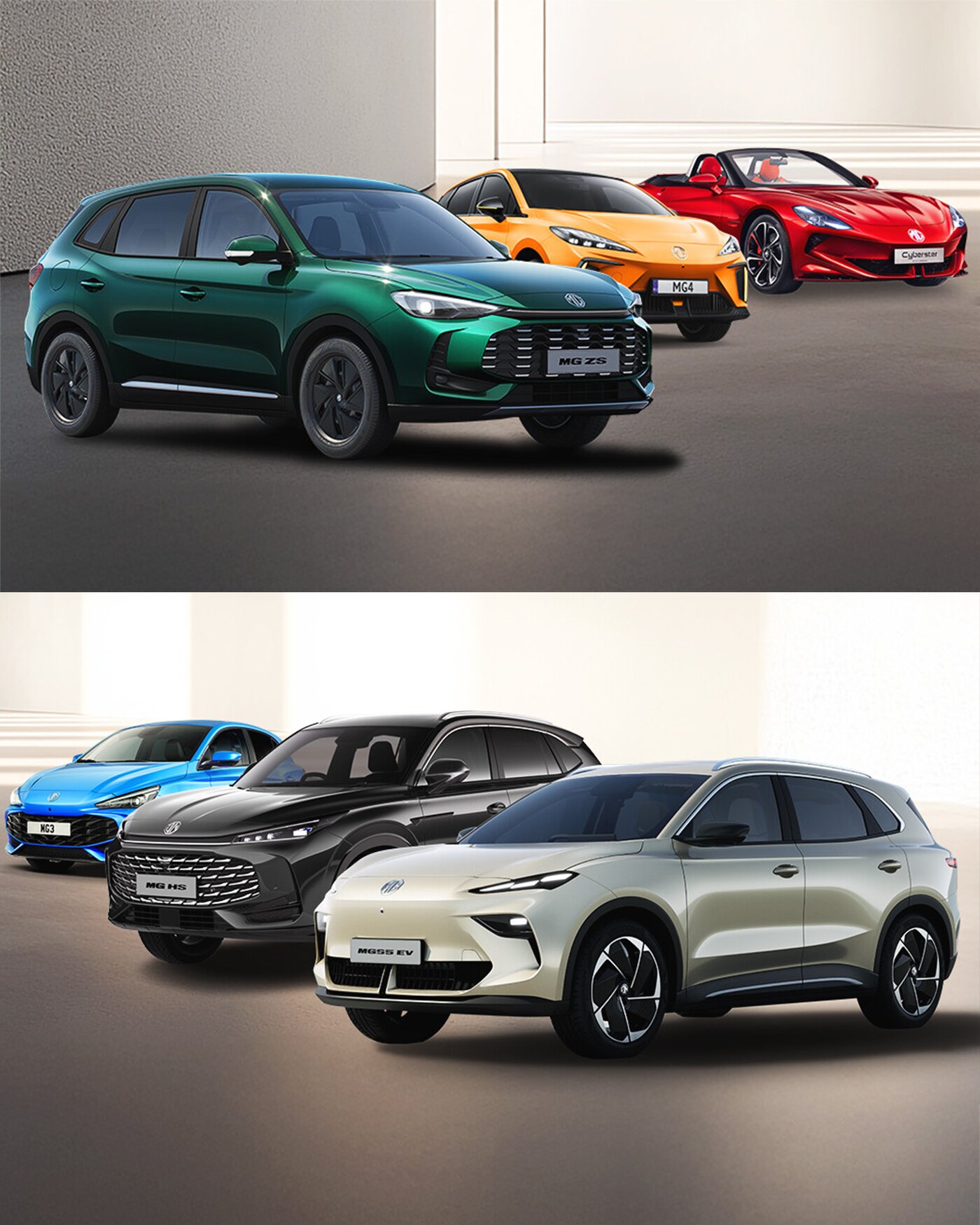 MG Modellpalette 2026 bei der Wahl-Group: Elektroautos, Vollhybride und Benziner auf einen Blick – von MG3 bis MG Cyberster. Verbrauchs- und Emissionswerte je nach Modell gemäß WLTP – Details auf der jeweiligen Modellseite.